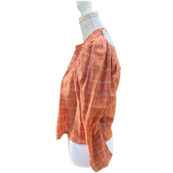 MANGO ORGANIC COTTON BLOUSE BROWN TAN CHECK PRINT GOLD METALLIC THREAD NWT SMALL - Picture 5 of 16